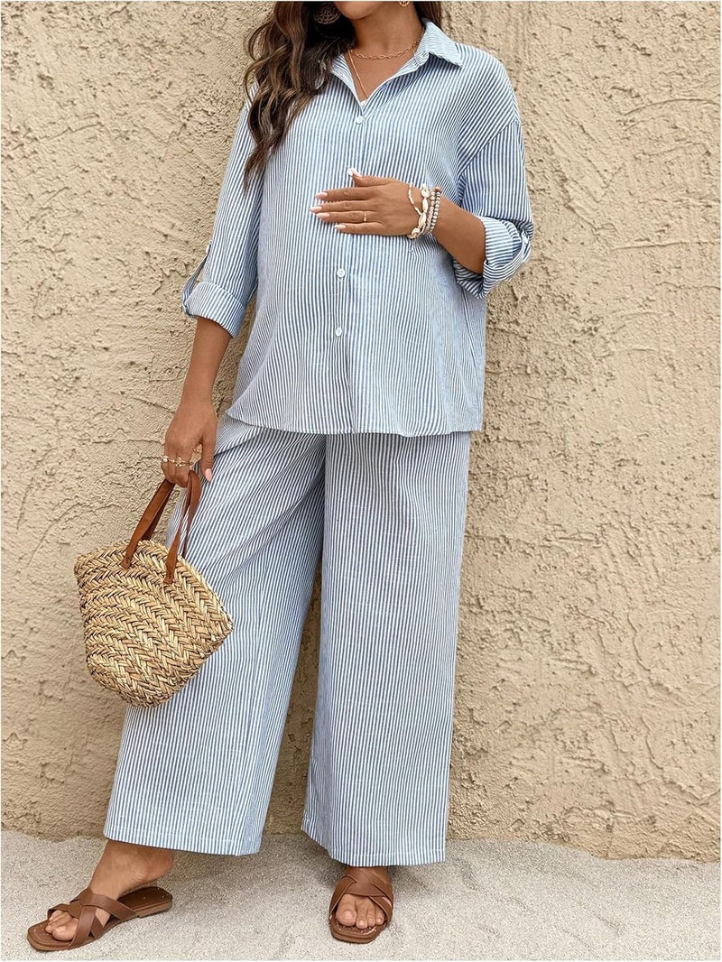 MakeMeChic Women's Maternity Clothes 2 Piece Fall Outfits Striped Button Down Shirt and Pants Pregnancy Sets - Image 3